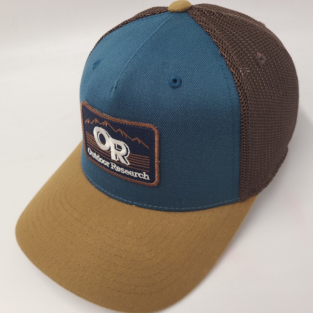 Outdoor Research Hat Snapback Trucker Mesh Blue Brown Mountain Patch Logo Men